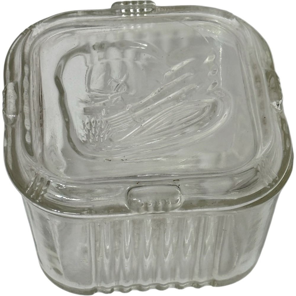 Vintage Federal Glass Refrigerator Dish With Lid 4.25" Square 3.25" Tall FEG18